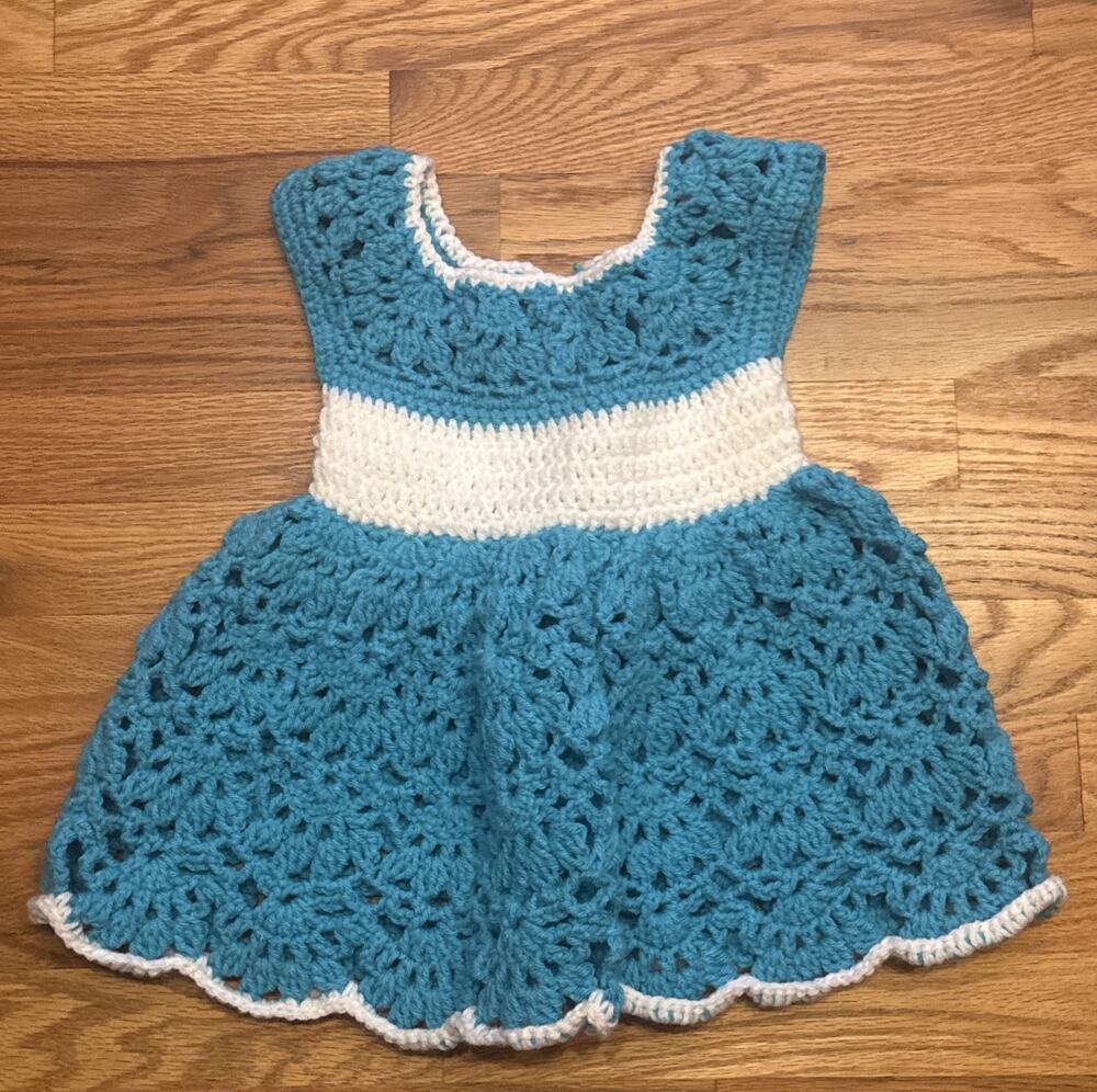 Vintage Handmade Crochet Baby Toddler Girls Dress Teal And White 2/3T